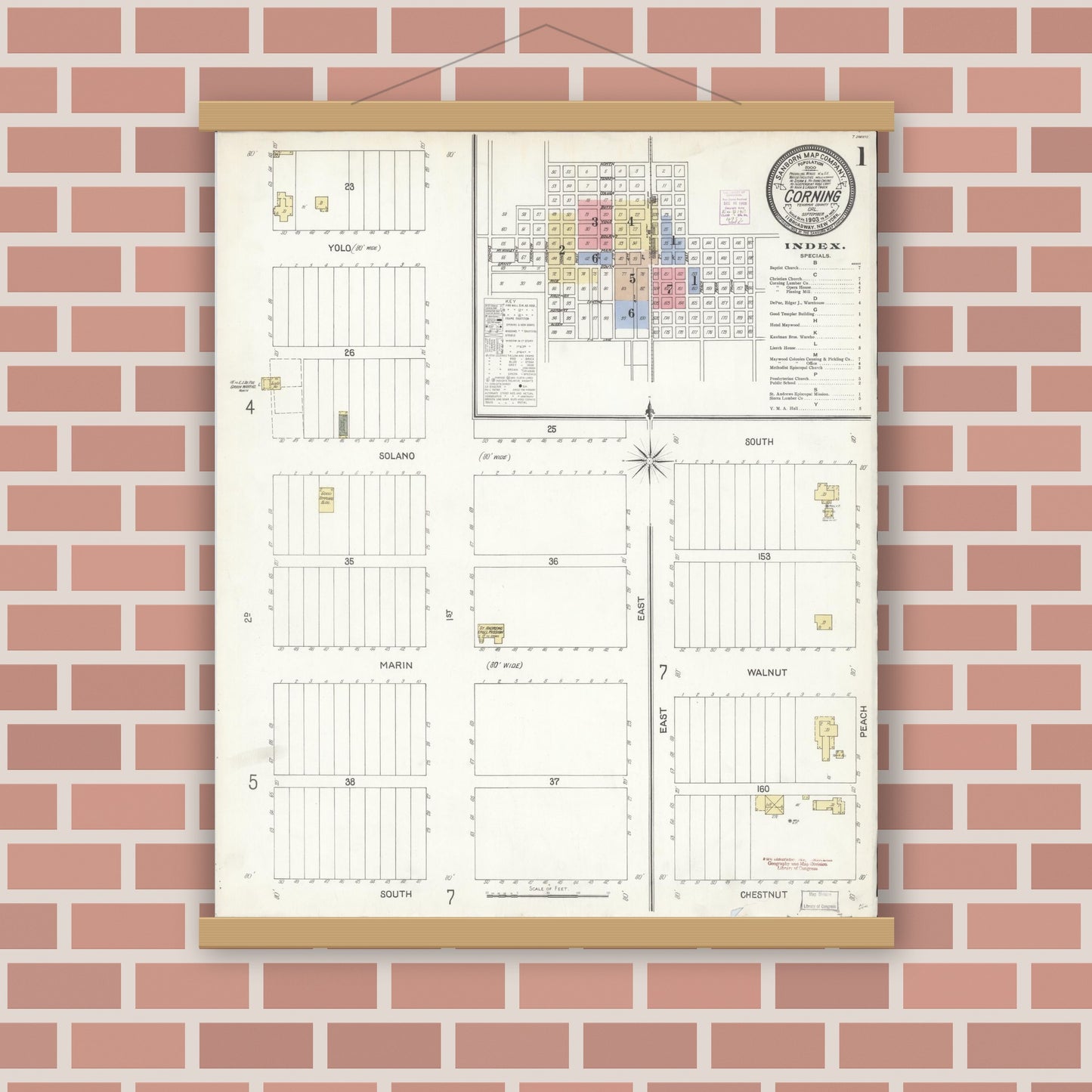 Old map wall art mockup — magnetic wood frame on brick wall — Sanborn Fire Insurance Map from Corning, Tehama County, California (1903), Sheet #0001