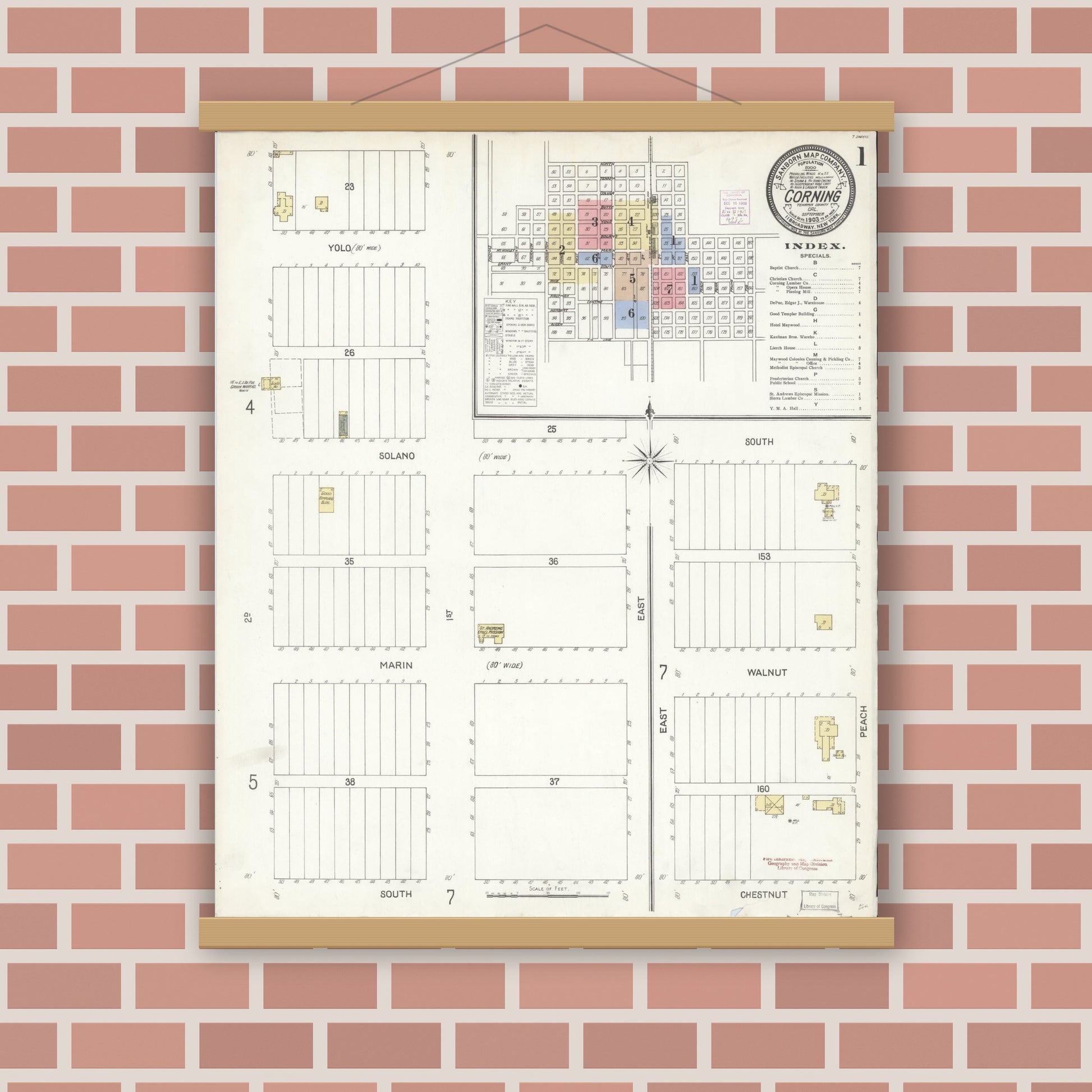 Old map wall art mockup — magnetic wood frame on brick wall — Sanborn Fire Insurance Map from Corning, Tehama County, California (1903), Sheet #0001