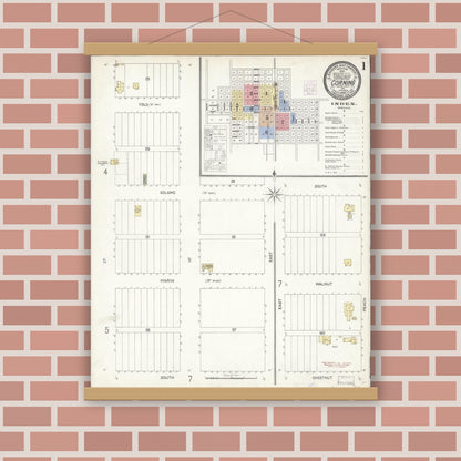 Old map wall art mockup — magnetic wood frame on brick wall — Sanborn Fire Insurance Map from Corning, Tehama County, California (1903), Sheet #0001