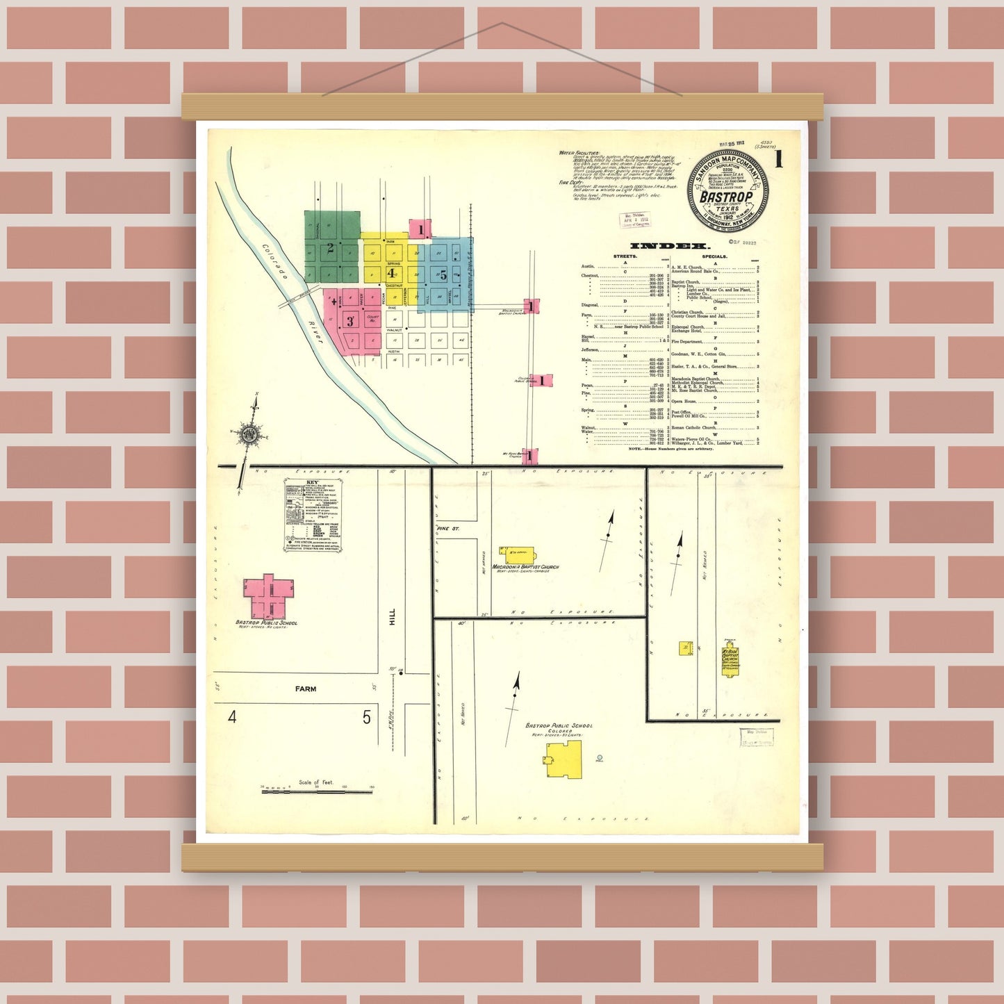 Old map wall art mockup — magnetic wood frame on brick wall — Sanborn Fire Insurance Map from Bastrop, Bastrop County, Texas (1912), Sheet #0001
