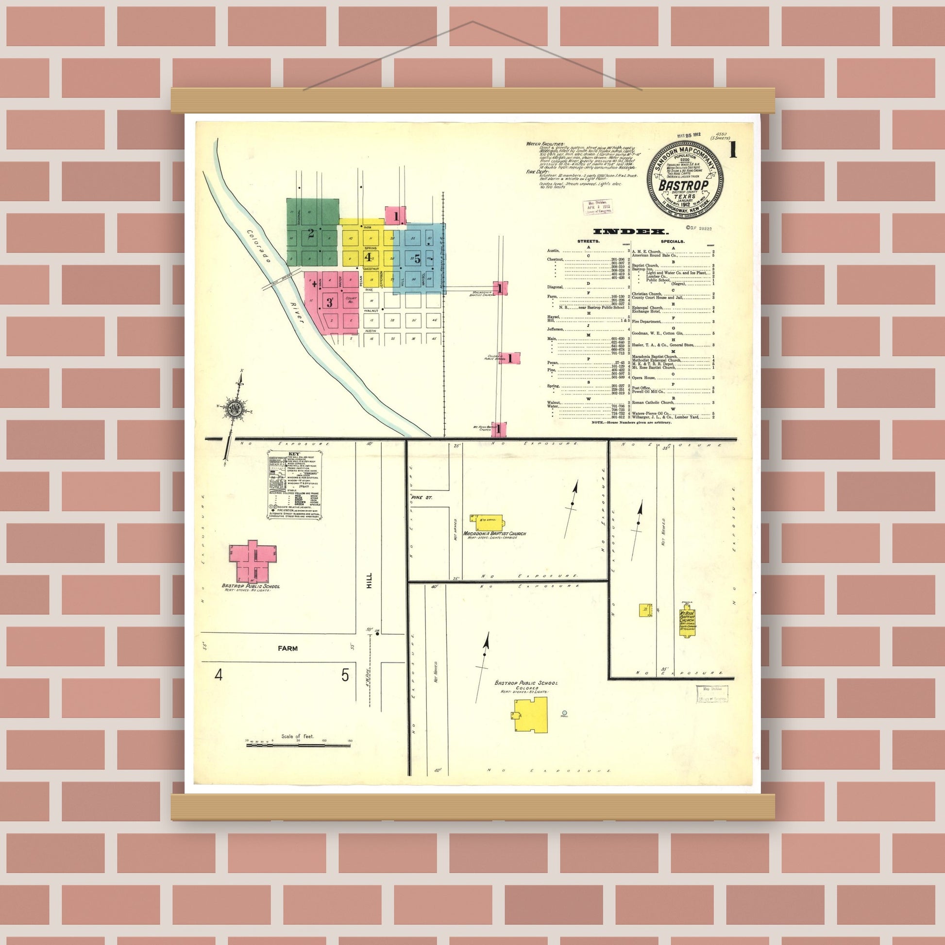 Old map wall art mockup — magnetic wood frame on brick wall — Sanborn Fire Insurance Map from Bastrop, Bastrop County, Texas (1912), Sheet #0001