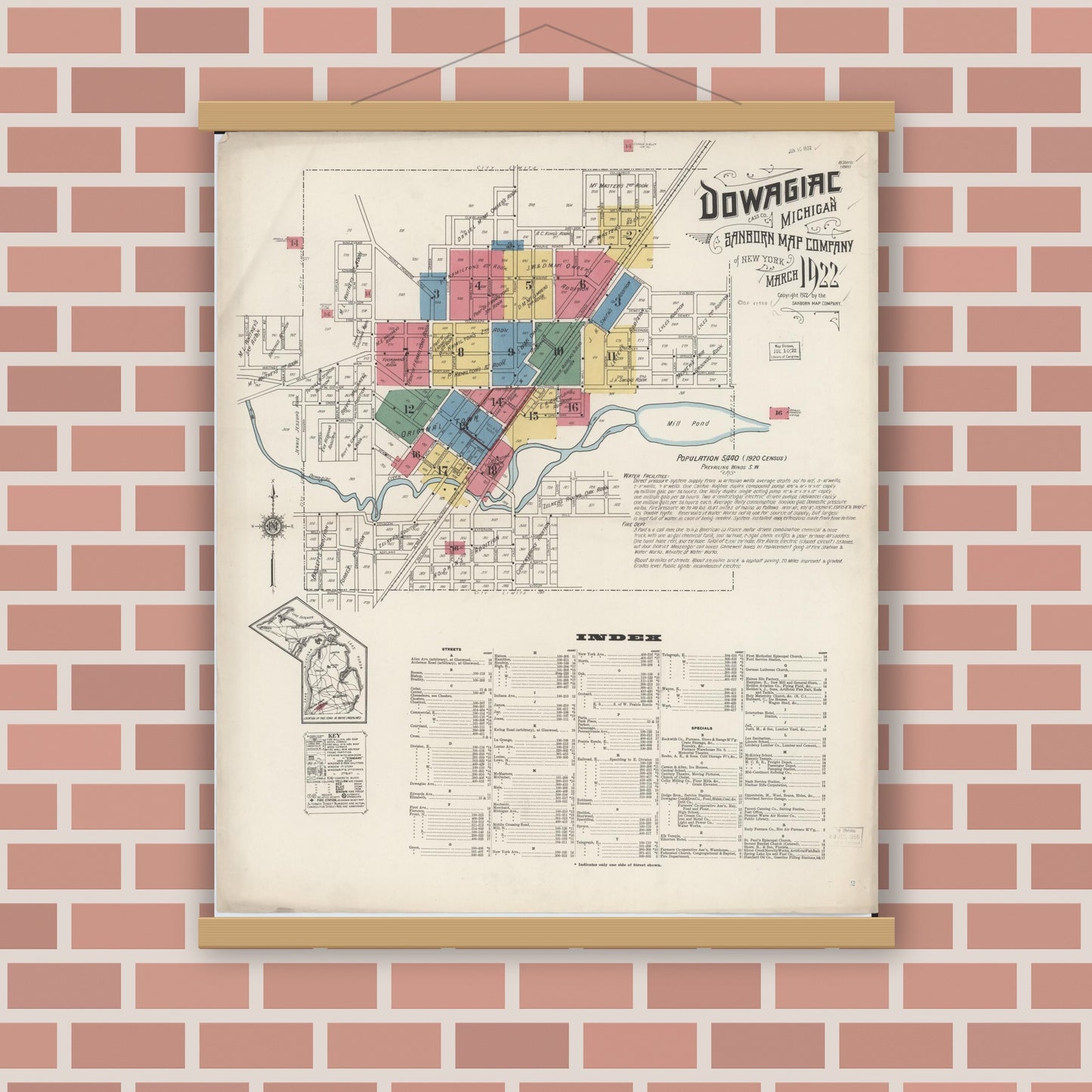 Old map wall art mockup — magnetic wood frame on brick wall — Sanborn Fire Insurance Map from Dowagiac, Cass County, Michigan (1922) - Complete Map Set