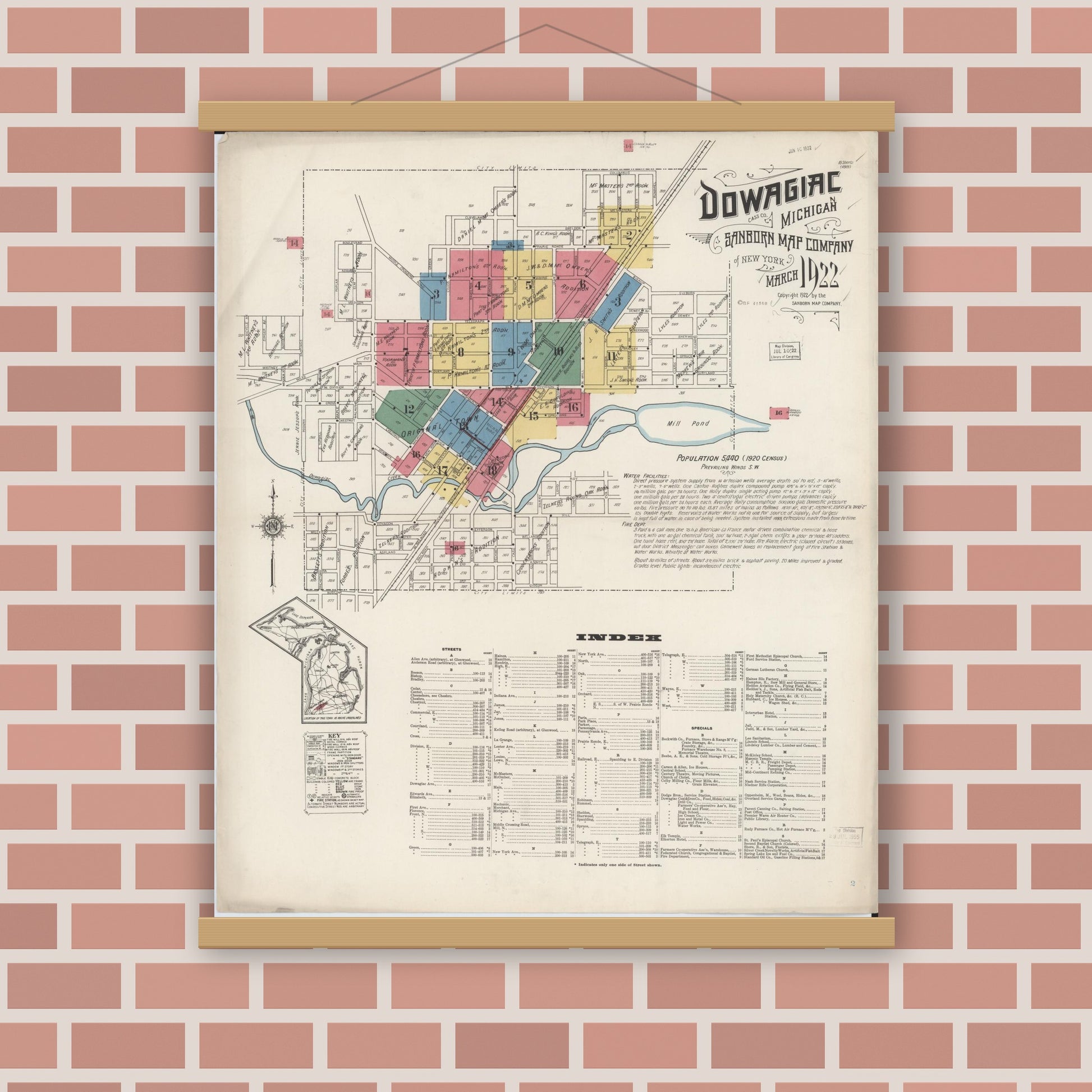 Old map wall art mockup — magnetic wood frame on brick wall — Sanborn Fire Insurance Map from Dowagiac, Cass County, Michigan (1922) - Complete Map Set
