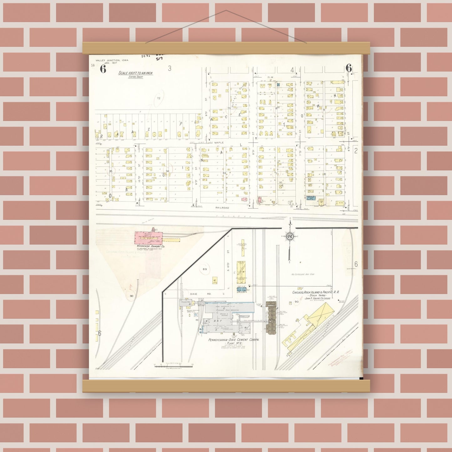 Old map wall art mockup — magnetic wood frame on brick wall — Sanborn Fire Insurance Map from Valley Junction, Polk County, Iowa (1941), Sheet #0006