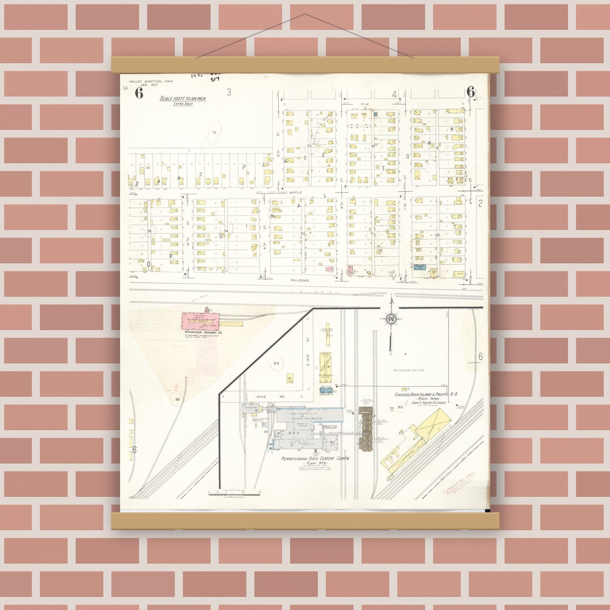 Old map wall art mockup — magnetic wood frame on brick wall — Sanborn Fire Insurance Map from Valley Junction, Polk County, Iowa (1941), Sheet #0006