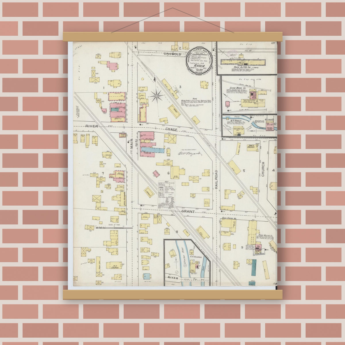 Old map wall art mockup — magnetic wood frame on brick wall — Sanborn Fire Insurance Map from Avoca, Steuben County, New York (1893), Sheet #0001