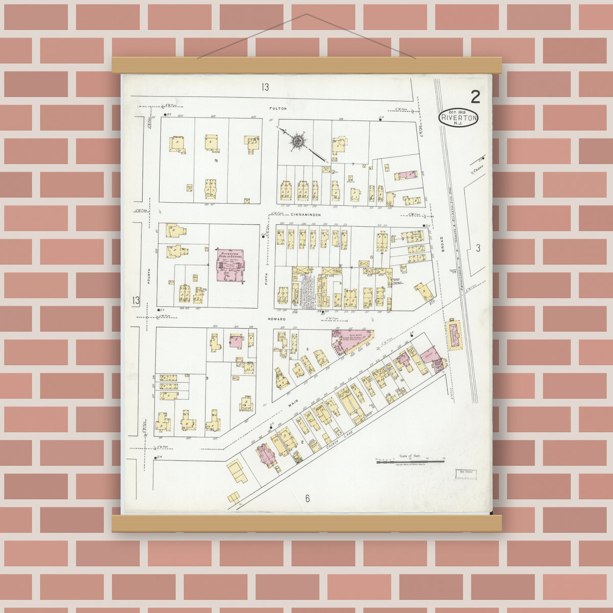 Old map wall art mockup — magnetic wood frame on brick wall — Sanborn Fire Insurance Map from Riverton, Burlington County, New Jersey (1919) - Complete Map Set