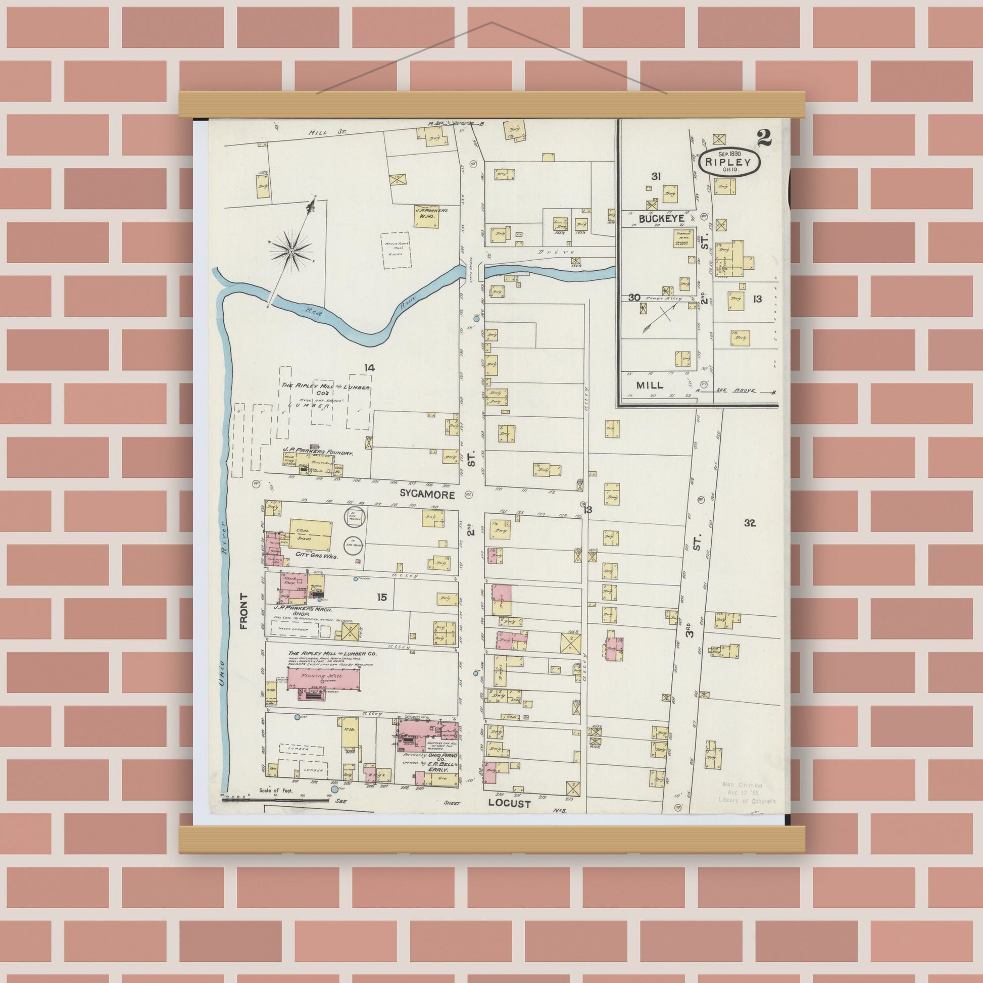 Old map wall art mockup — magnetic wood frame on brick wall — Sanborn Fire Insurance Map from Ripley, Brown County, Ohio (1890), Sheet #0002