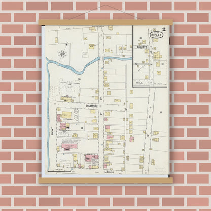 Old map wall art mockup — magnetic wood frame on brick wall — Sanborn Fire Insurance Map from Ripley, Brown County, Ohio (1890), Sheet #0002