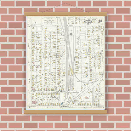 Old map wall art mockup — magnetic wood frame on brick wall — Sanborn Fire Insurance Map from Fostoria, Seneca, Hancock, And Wood Counties, Ohio (1914), Sheet #0018