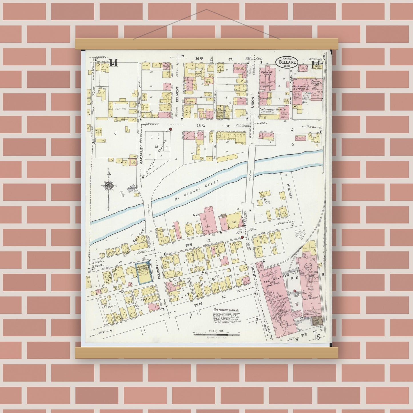 Old map wall art mockup — magnetic wood frame on brick wall — Sanborn Fire Insurance Map from Bellaire, Belmont County, Ohio (1924), Sheet #0014