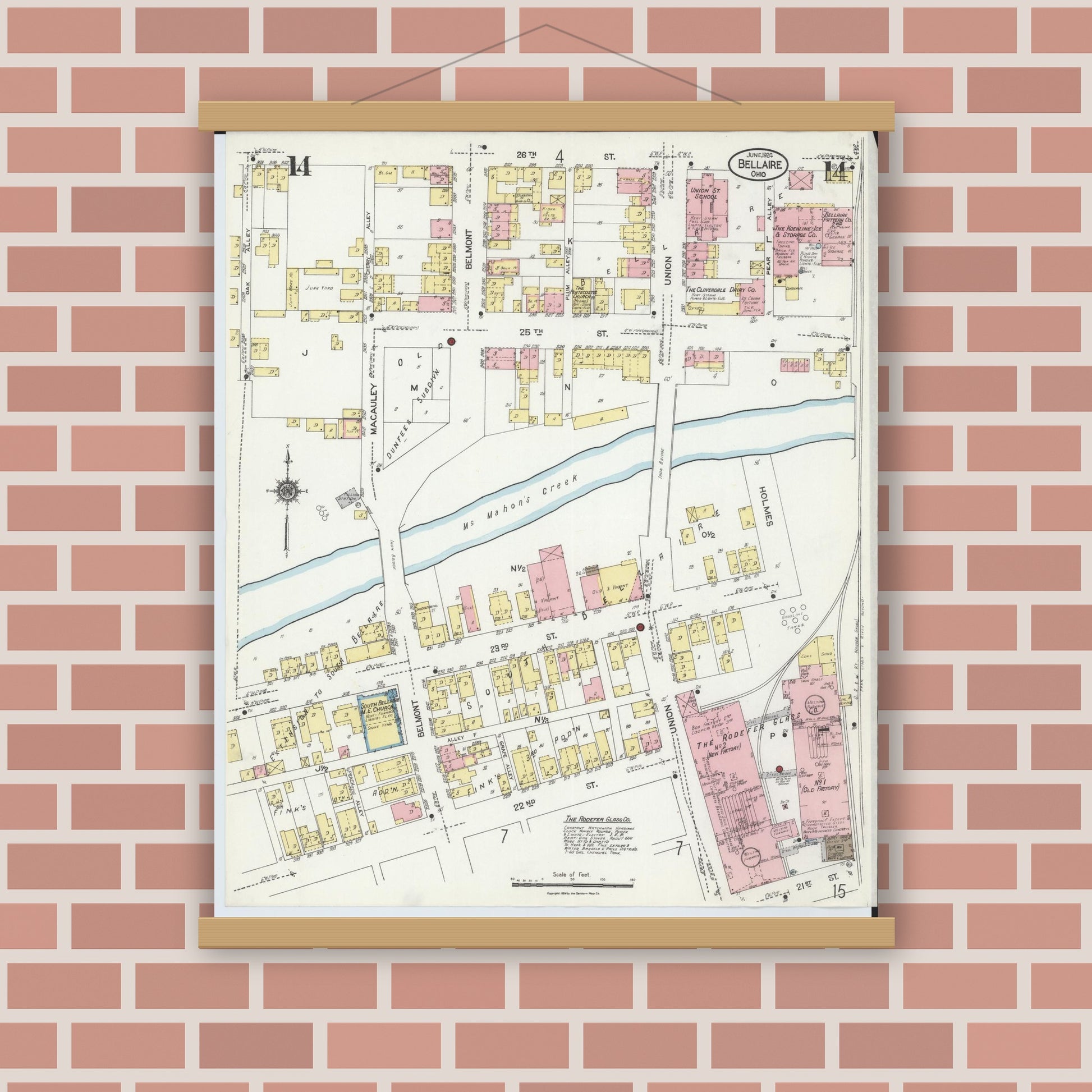 Old map wall art mockup — magnetic wood frame on brick wall — Sanborn Fire Insurance Map from Bellaire, Belmont County, Ohio (1924), Sheet #0014