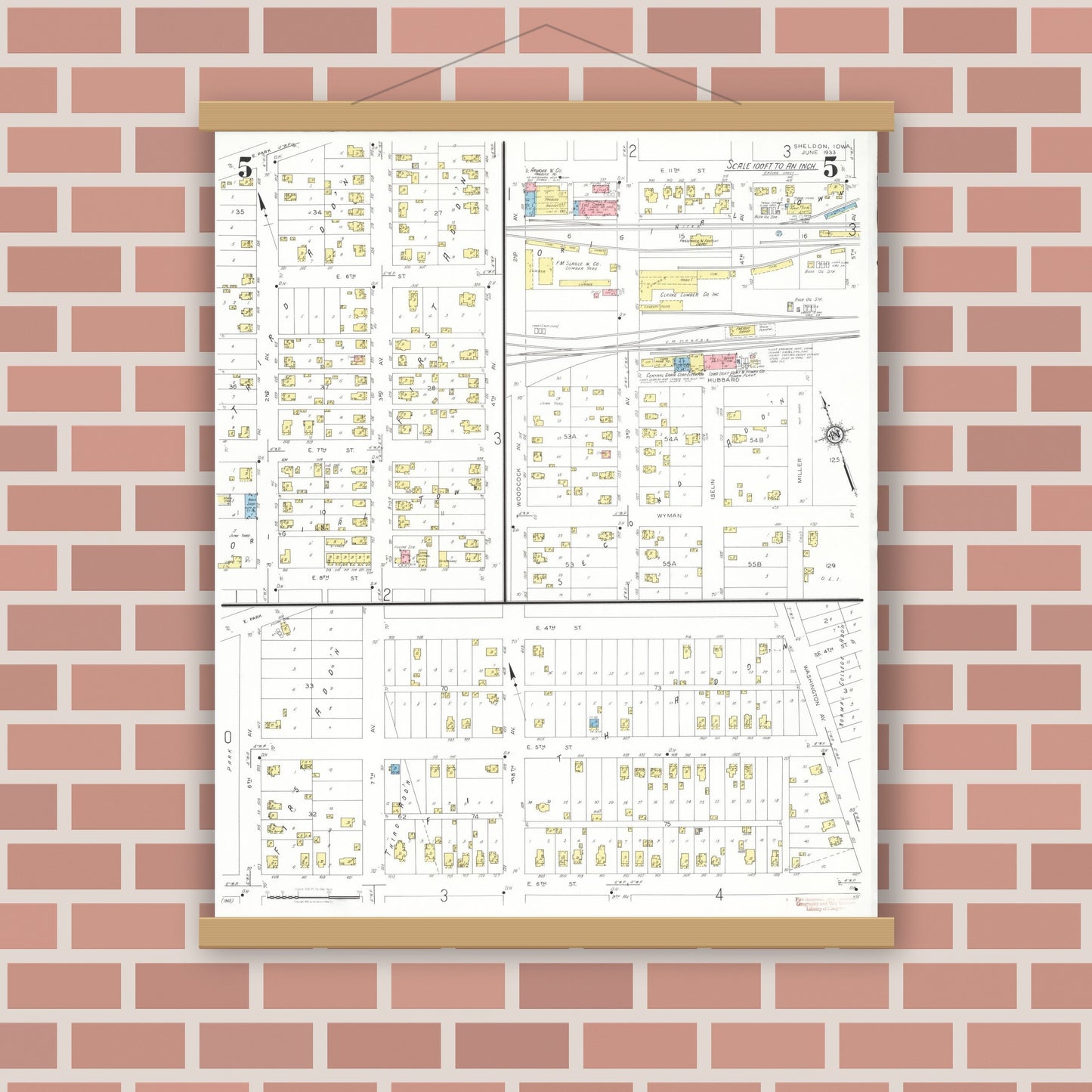Old map wall art mockup — magnetic wood frame on brick wall — Sanborn Fire Insurance Map from Sheldon, O'Brien County, Iowa (1933), Sheet #0005