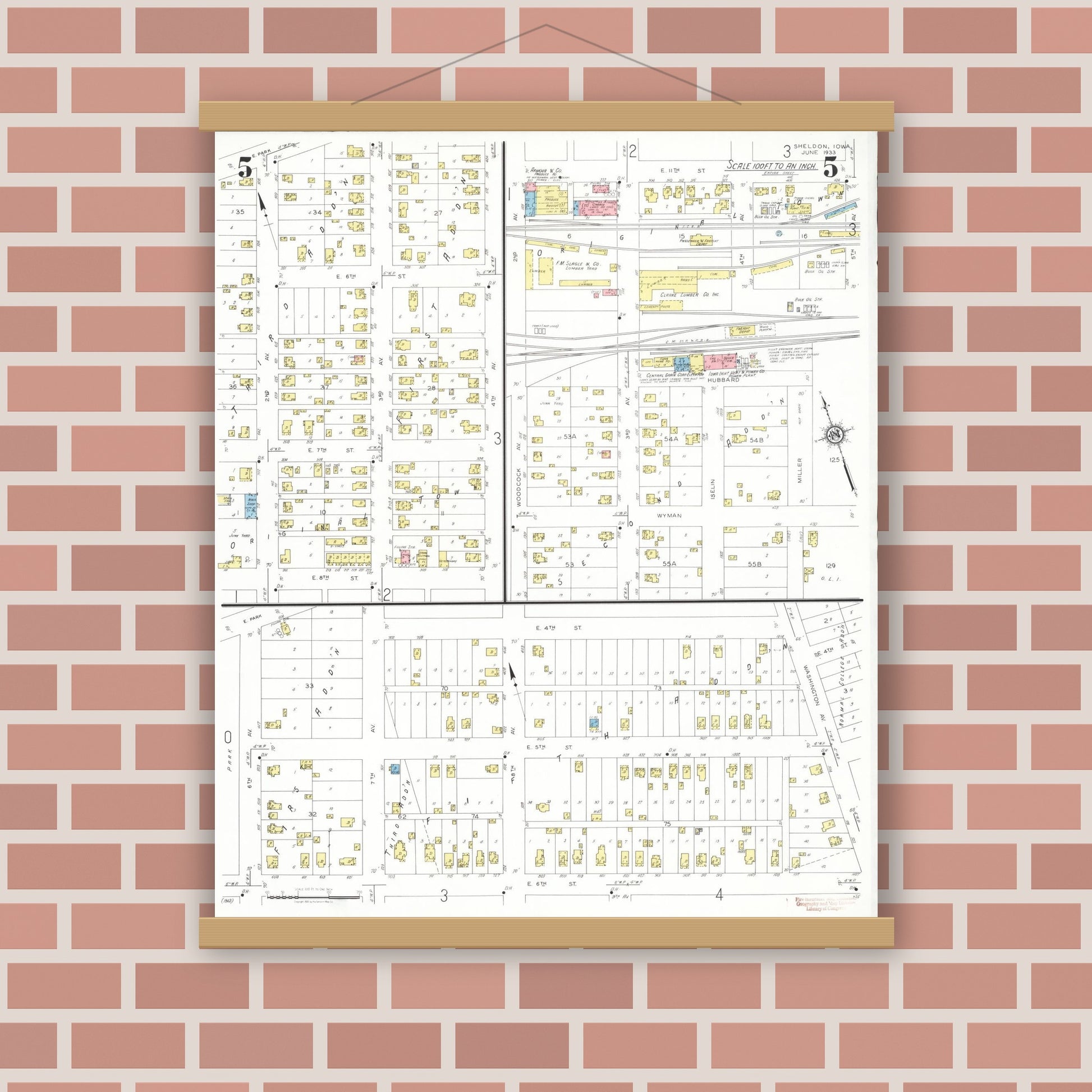 Old map wall art mockup — magnetic wood frame on brick wall — Sanborn Fire Insurance Map from Sheldon, O'Brien County, Iowa (1933), Sheet #0005