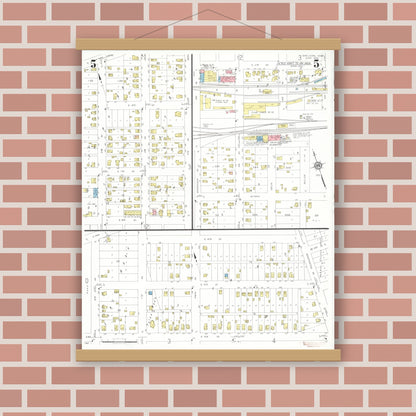 Old map wall art mockup — magnetic wood frame on brick wall — Sanborn Fire Insurance Map from Sheldon, O'Brien County, Iowa (1933), Sheet #0005