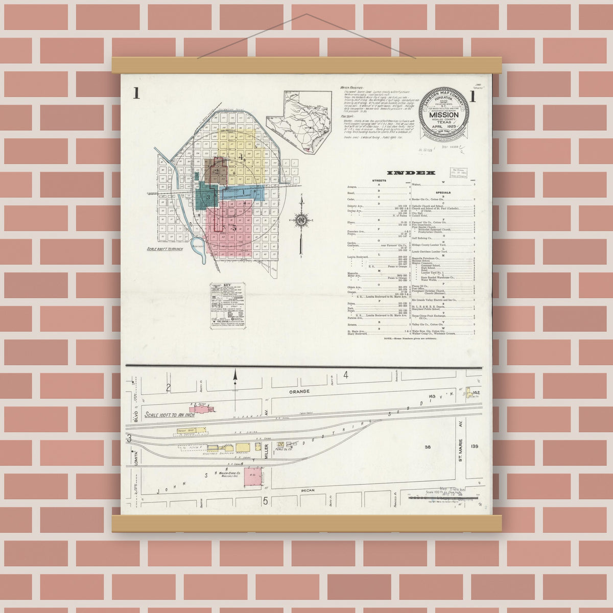 Old map wall art mockup — magnetic wood frame on brick wall — Sanborn Fire Insurance Map from Mission, Hidalgo County, Texas (1925), Sheet #0001