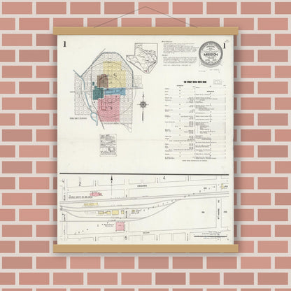 Old map wall art mockup — magnetic wood frame on brick wall — Sanborn Fire Insurance Map from Mission, Hidalgo County, Texas (1925), Sheet #0001