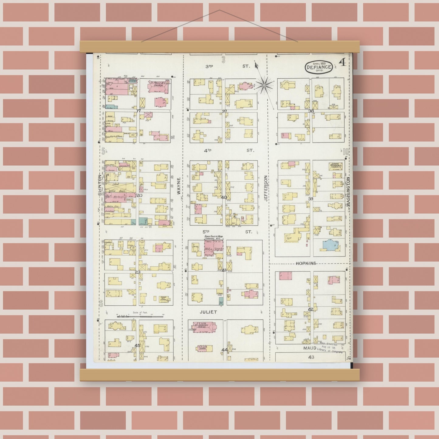 Old map wall art mockup — magnetic wood frame on brick wall — Sanborn Fire Insurance Map from Defiance, Defiance County, Ohio (1893), Sheet #0004