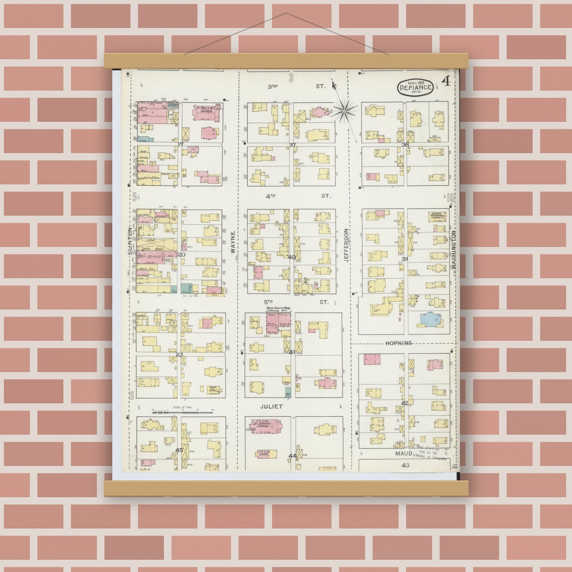 Old map wall art mockup — magnetic wood frame on brick wall — Sanborn Fire Insurance Map from Defiance, Defiance County, Ohio (1893), Sheet #0004