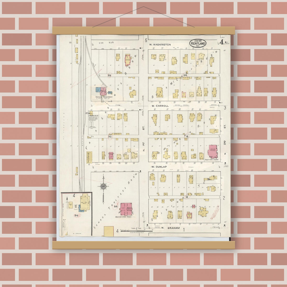 Old map wall art mockup — magnetic wood frame on brick wall — Sanborn Fire Insurance Map from Kentland, Newton County, Indiana (1942), Sheet #0004