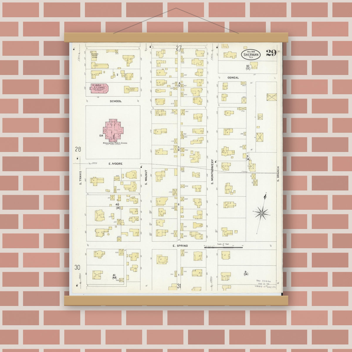 Old map wall art mockup — magnetic wood frame on brick wall — Sanborn Fire Insurance Map from Sherman, Grayson County, Texas (1908), Sheet #0029