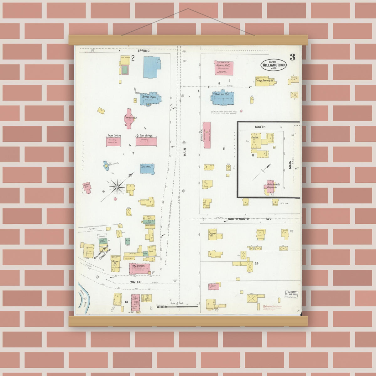 Old map wall art mockup — magnetic wood frame on brick wall — Sanborn Fire Insurance Map from Williamstown, Berkshire County, Massachusetts (1901), Sheet #0003
