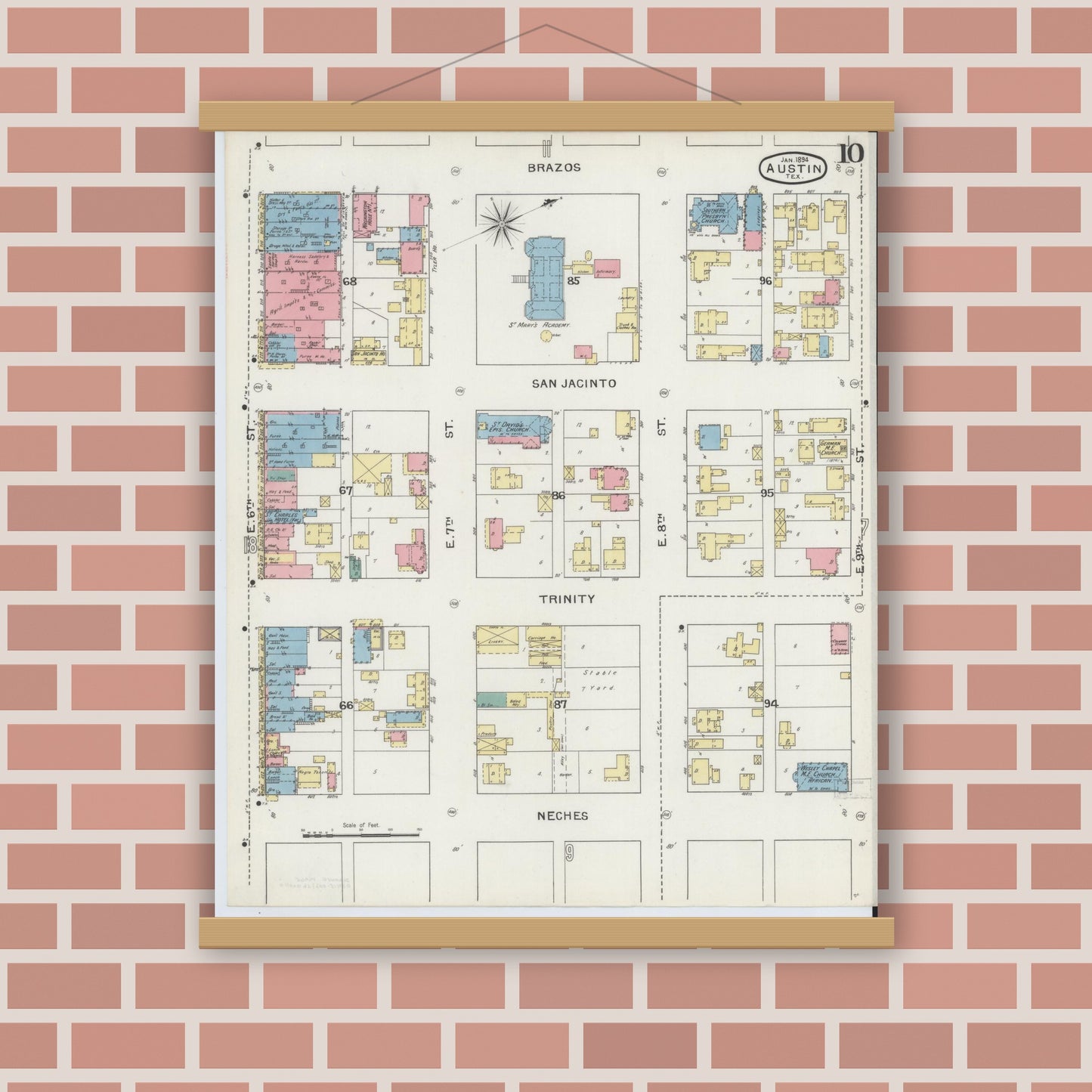 Old map wall art mockup — magnetic wood frame on brick wall — Sanborn Fire Insurance Map from Austin, Travis County, Texas (1894), Sheet #0010