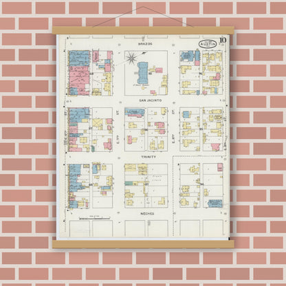 Old map wall art mockup — magnetic wood frame on brick wall — Sanborn Fire Insurance Map from Austin, Travis County, Texas (1894), Sheet #0010