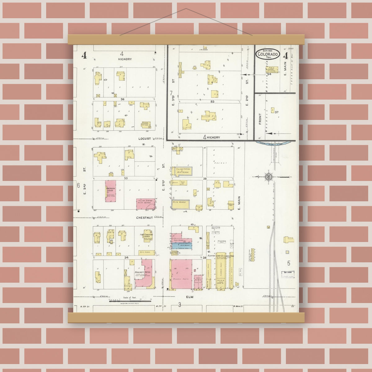 Old map wall art mockup — magnetic wood frame on brick wall — Sanborn Fire Insurance Map from Colorado, Mitchell County, Texas (1925), Sheet #0004
