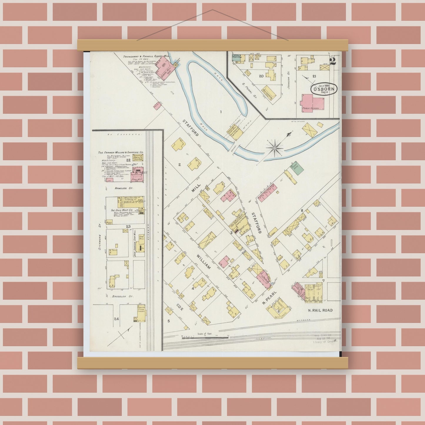 Old map wall art mockup — magnetic wood frame on brick wall — Sanborn Fire Insurance Map from Osborn, Greene County, Ohio (1895), Sheet #0002