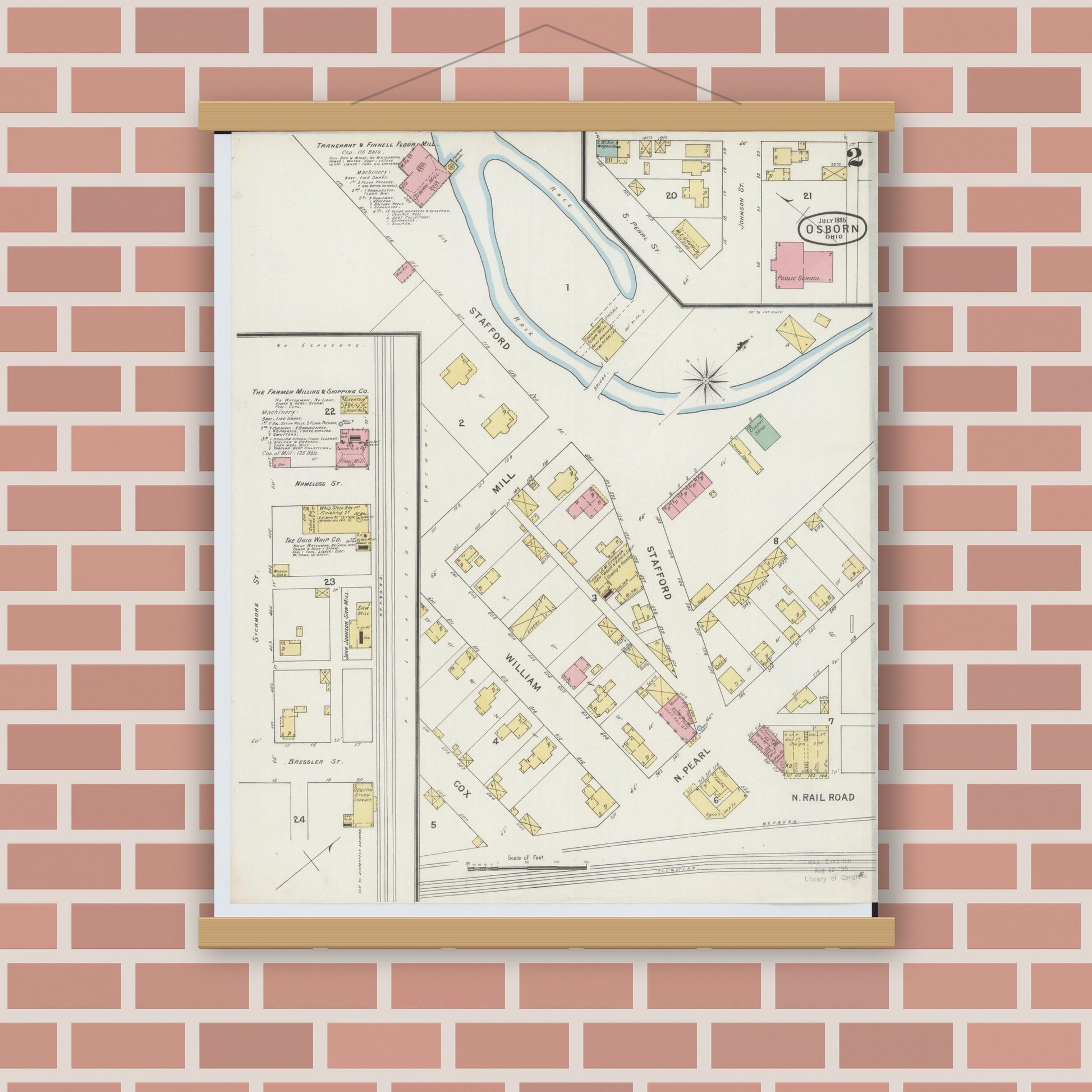 Old map wall art mockup — magnetic wood frame on brick wall — Sanborn Fire Insurance Map from Osborn, Greene County, Ohio (1895), Sheet #0002