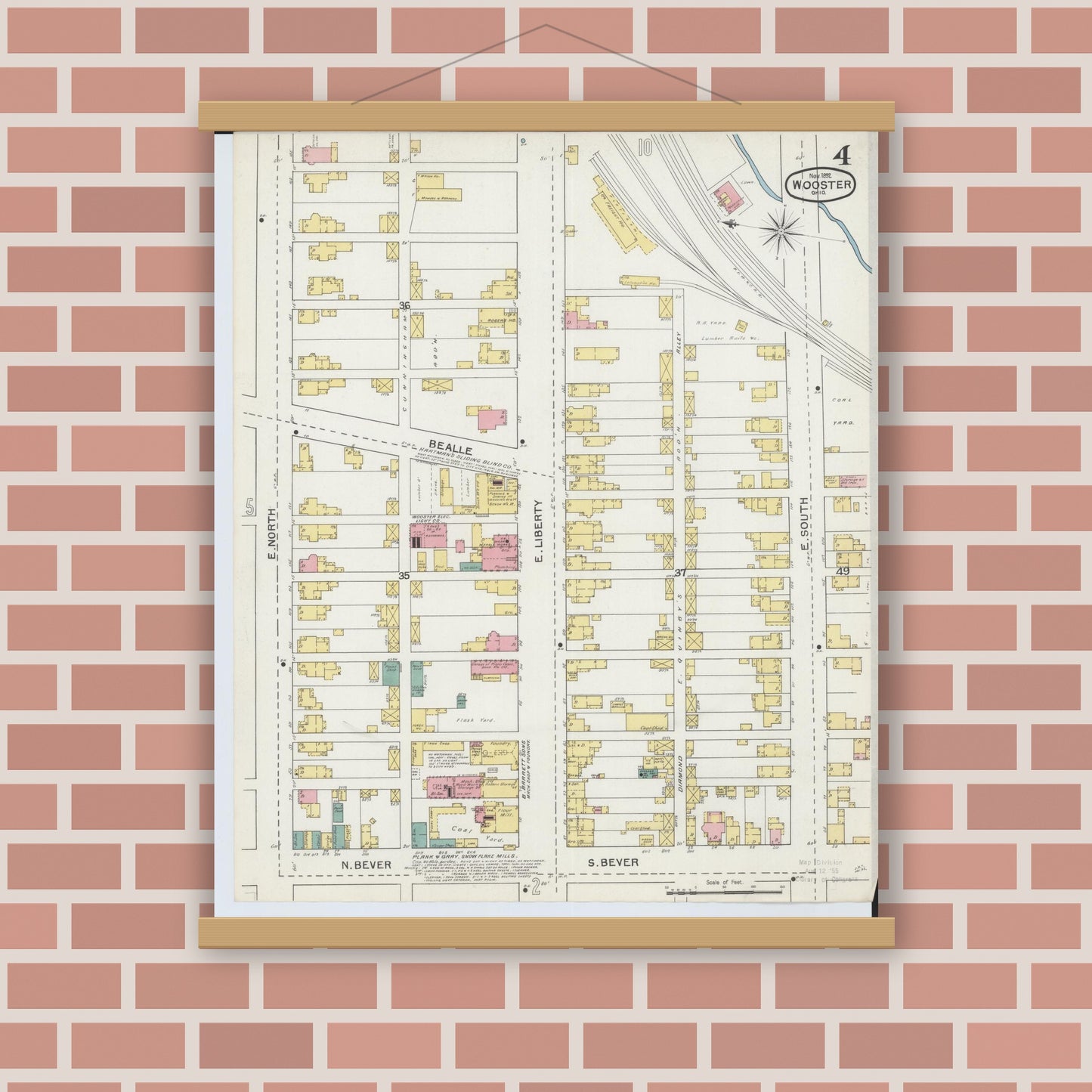 Old map wall art mockup — magnetic wood frame on brick wall — Sanborn Fire Insurance Map from Wooster, Wayne County, Ohio (1892), Sheet #0004