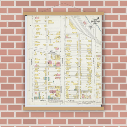 Old map wall art mockup — magnetic wood frame on brick wall — Sanborn Fire Insurance Map from Wooster, Wayne County, Ohio (1892), Sheet #0004