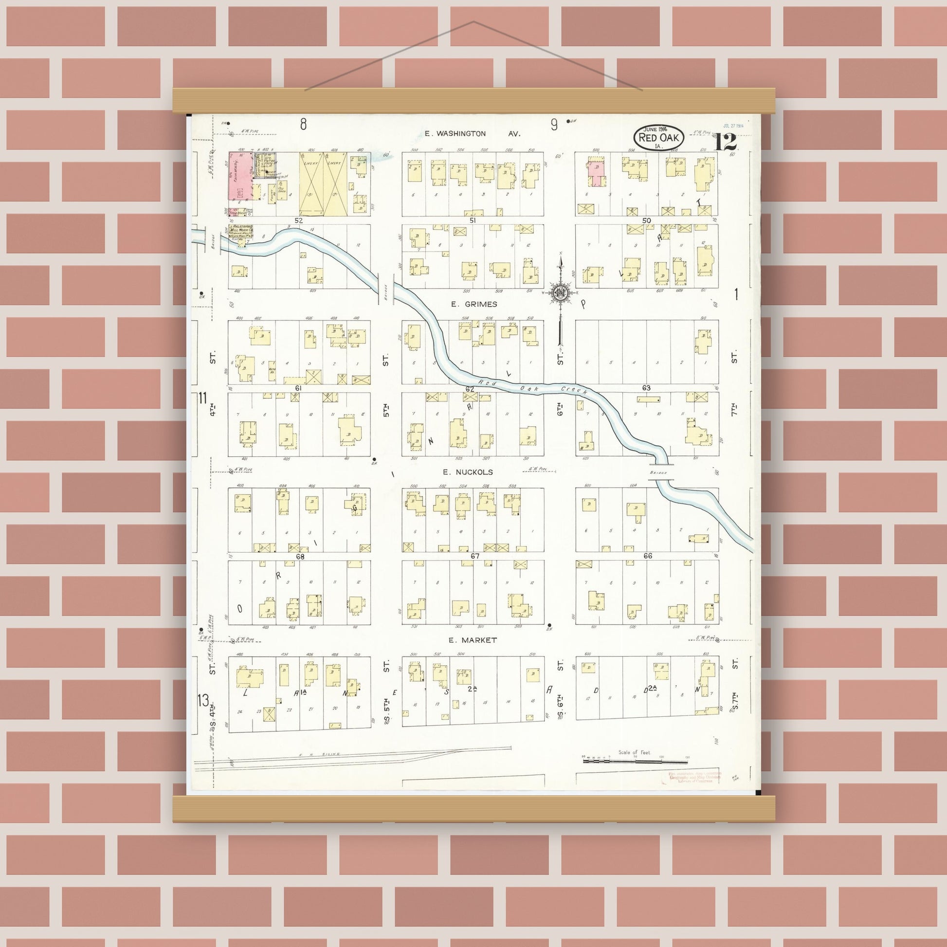Old map wall art mockup — magnetic wood frame on brick wall — Sanborn Fire Insurance Map from Red Oak, Montgomery County, Iowa (1914), Sheet #0012