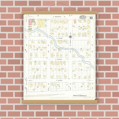 Old map wall art mockup — magnetic wood frame on brick wall — Sanborn Fire Insurance Map from Red Oak, Montgomery County, Iowa (1914), Sheet #0012