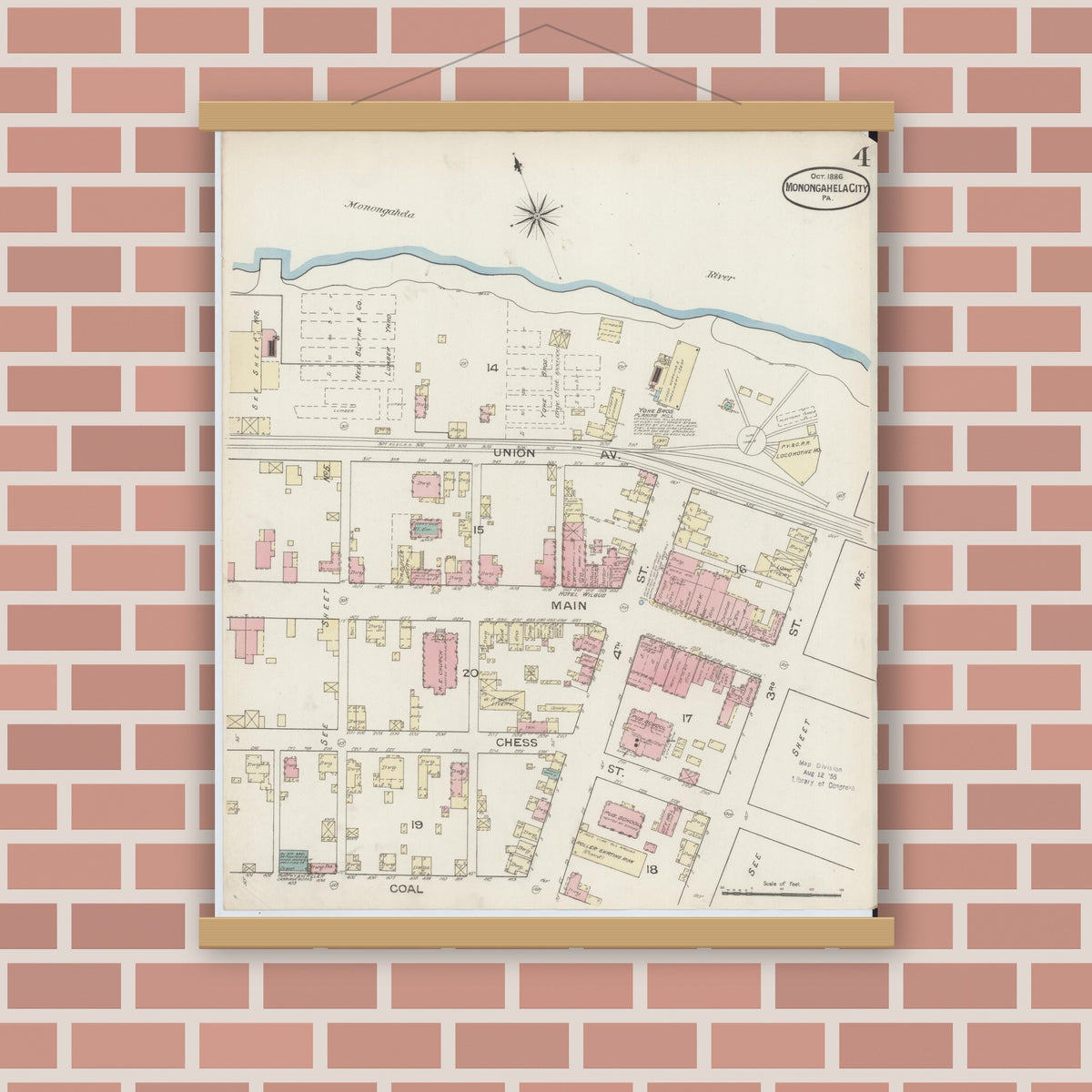 Old map wall art mockup — magnetic wood frame on brick wall — Sanborn Fire Insurance Map from Monongahela City, Washington County, Pennsylvania (1886), Sheet #0004