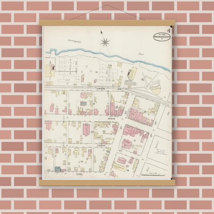 Old map wall art mockup — magnetic wood frame on brick wall — Sanborn Fire Insurance Map from Monongahela City, Washington County, Pennsylvania (1886), Sheet #0004
