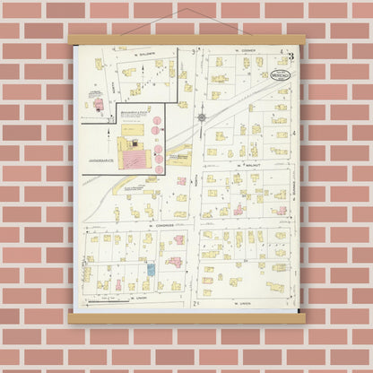 Old map wall art mockup — magnetic wood frame on brick wall — Sanborn Fire Insurance Map from Morenci, Lenawee County, Michigan (1914), Sheet #0003