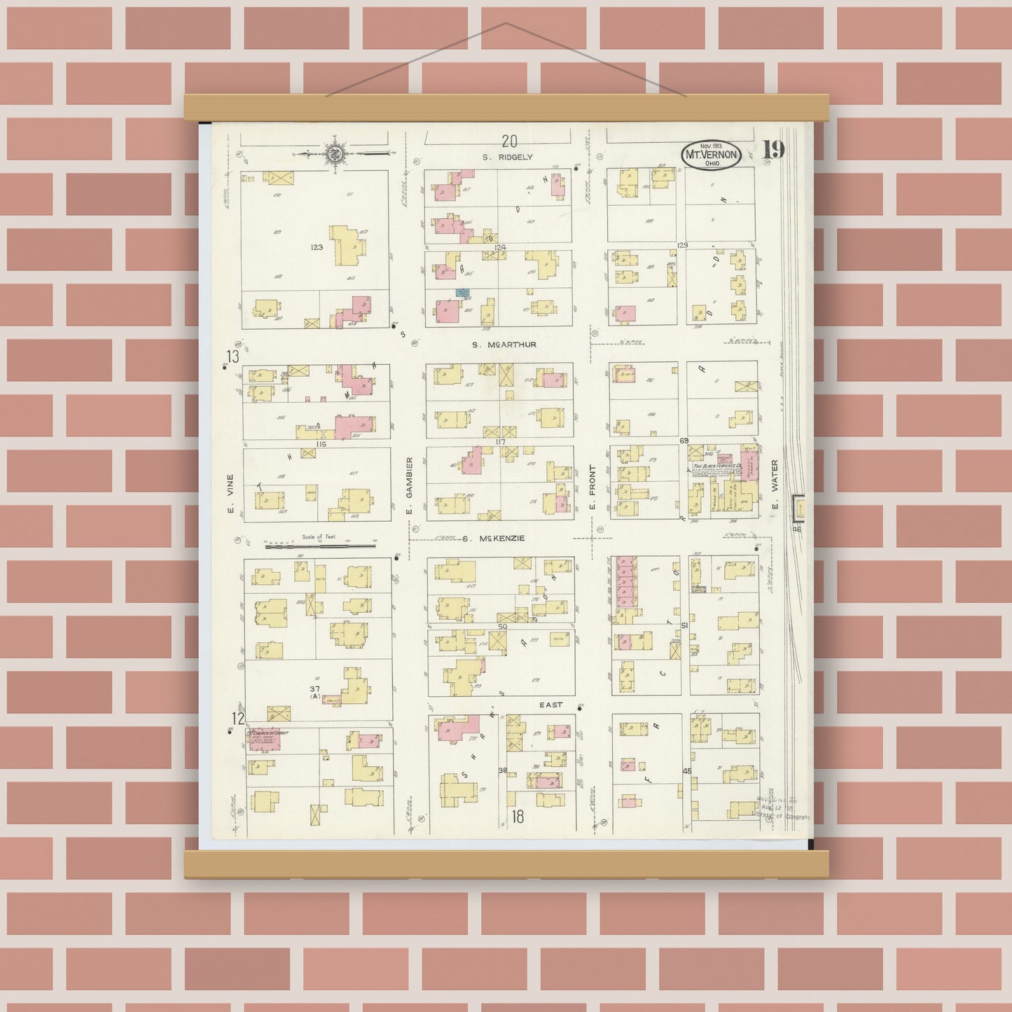 Old map wall art mockup — magnetic wood frame on brick wall — Sanborn Fire Insurance Map from Mount Vernon, Knox County, Ohio (1913), Sheet #0019
