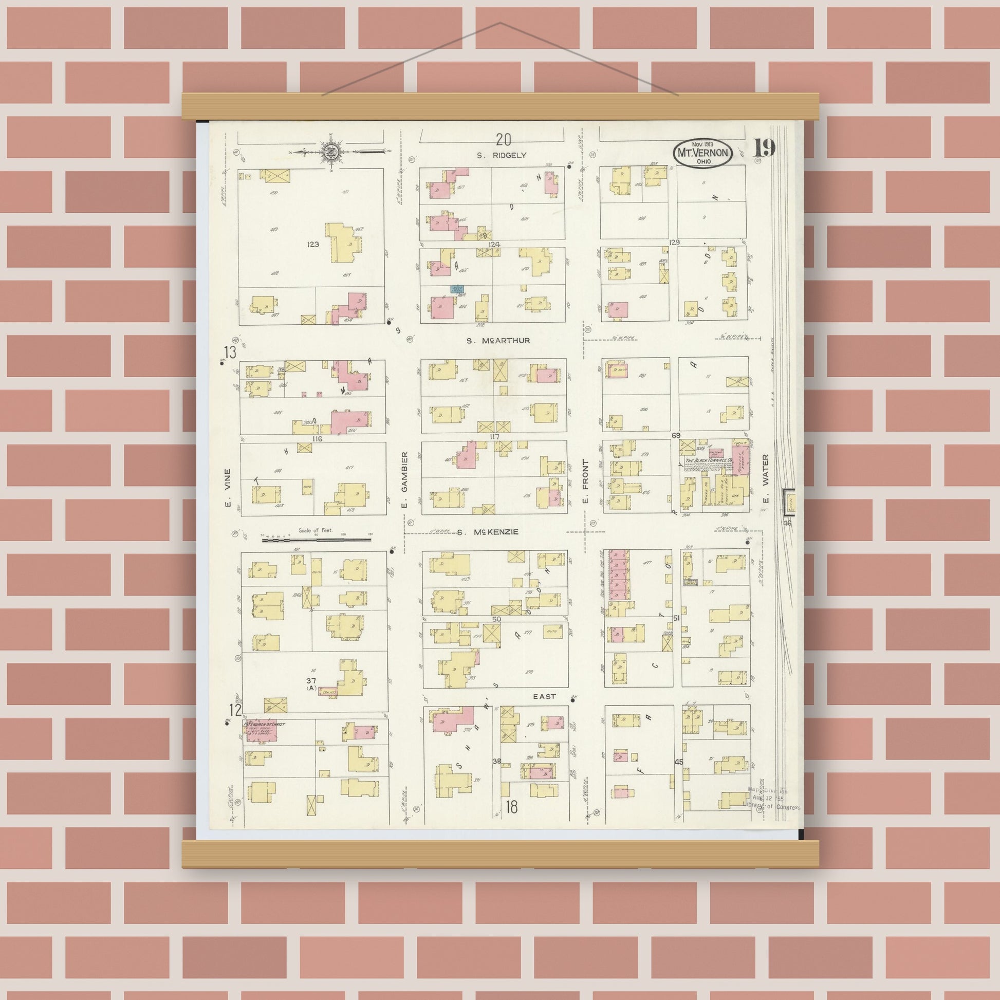 Old map wall art mockup — magnetic wood frame on brick wall — Sanborn Fire Insurance Map from Mount Vernon, Knox County, Ohio (1913), Sheet #0019