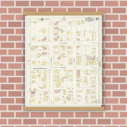 Old map wall art mockup — magnetic wood frame on brick wall — Sanborn Fire Insurance Map from Mount Vernon, Knox County, Ohio (1913), Sheet #0019