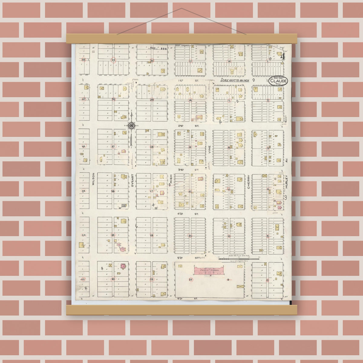 Old map wall art mockup — magnetic wood frame on brick wall — Sanborn Fire Insurance Map from Claude, Armstrong County, Texas (1932), Sheet #0004