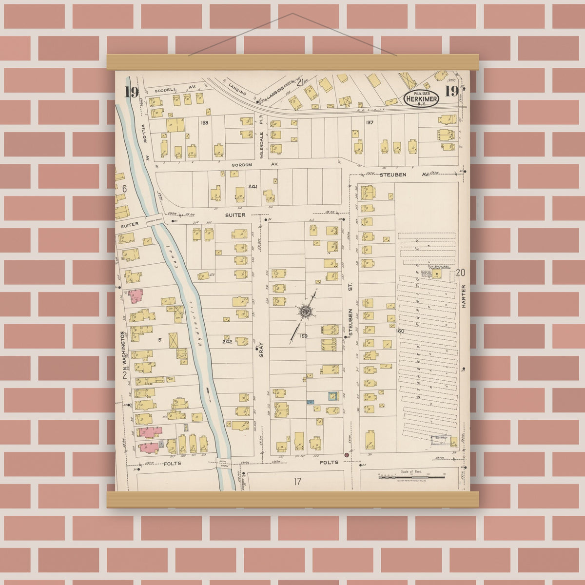 Old map wall art mockup — magnetic wood frame on brick wall — Sanborn Fire Insurance Map from Herkimer, Herkimer County, New York (1923), Sheet #0019