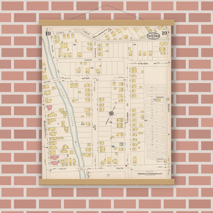 Old map wall art mockup — magnetic wood frame on brick wall — Sanborn Fire Insurance Map from Herkimer, Herkimer County, New York (1923), Sheet #0019