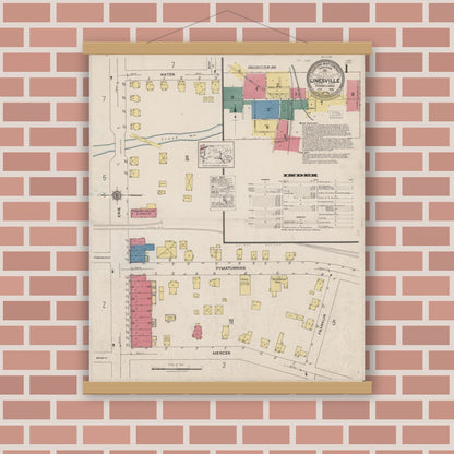 Old map wall art mockup — magnetic wood frame on brick wall — Sanborn Fire Insurance Map from Linesville, Crawford County, Pennsylvania (1922), Sheet #0001
