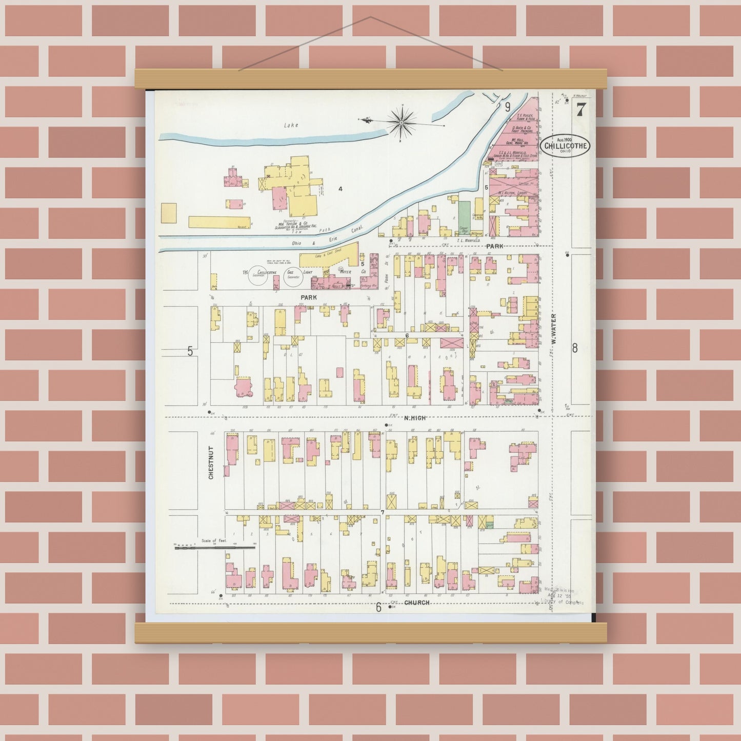 Old map wall art mockup — magnetic wood frame on brick wall — Sanborn Fire Insurance Map from Chillicothe, Ross County, Ohio (1900), Sheet #0007
