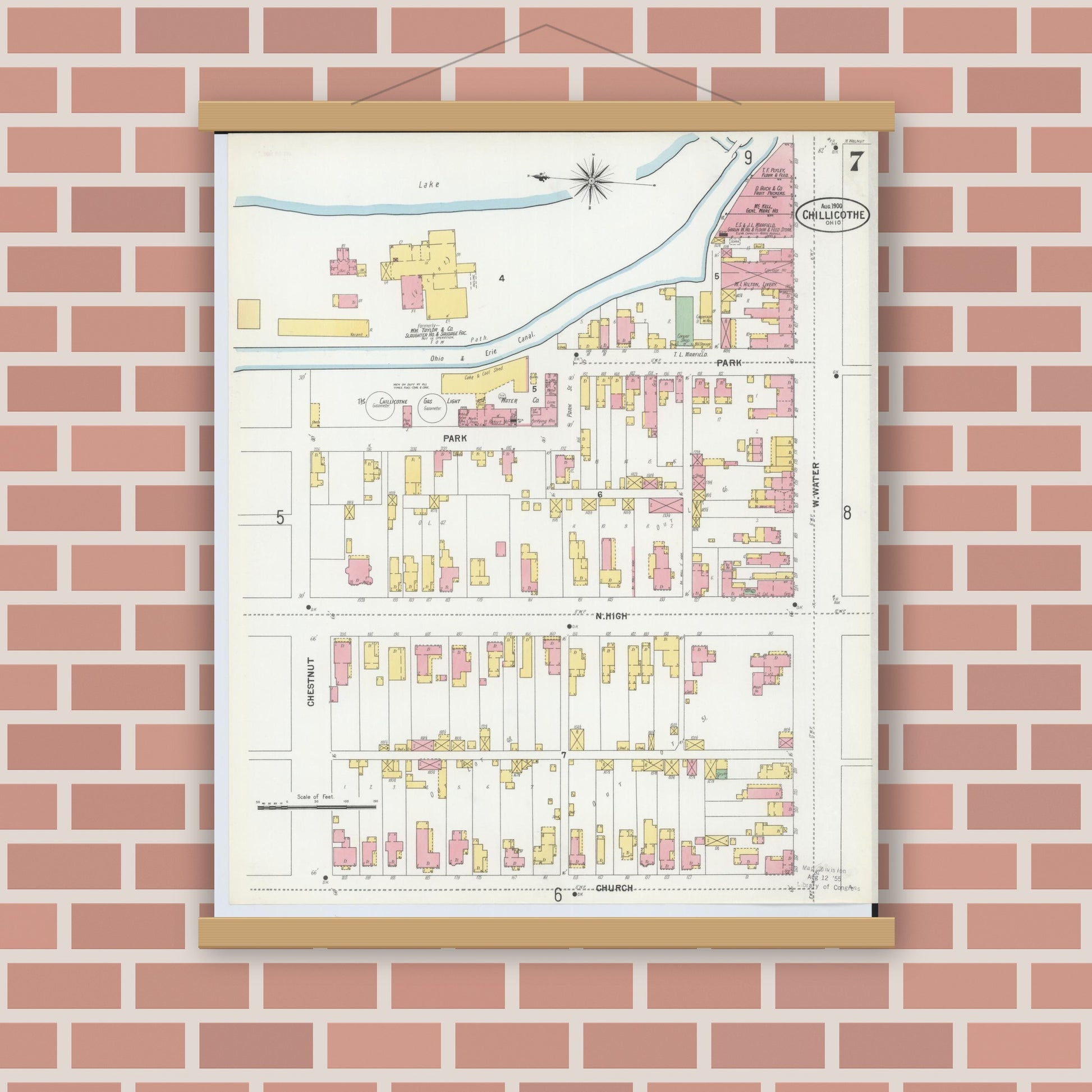Old map wall art mockup — magnetic wood frame on brick wall — Sanborn Fire Insurance Map from Chillicothe, Ross County, Ohio (1900), Sheet #0007