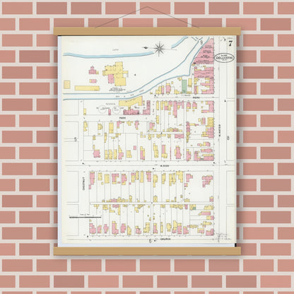 Old map wall art mockup — magnetic wood frame on brick wall — Sanborn Fire Insurance Map from Chillicothe, Ross County, Ohio (1900), Sheet #0007