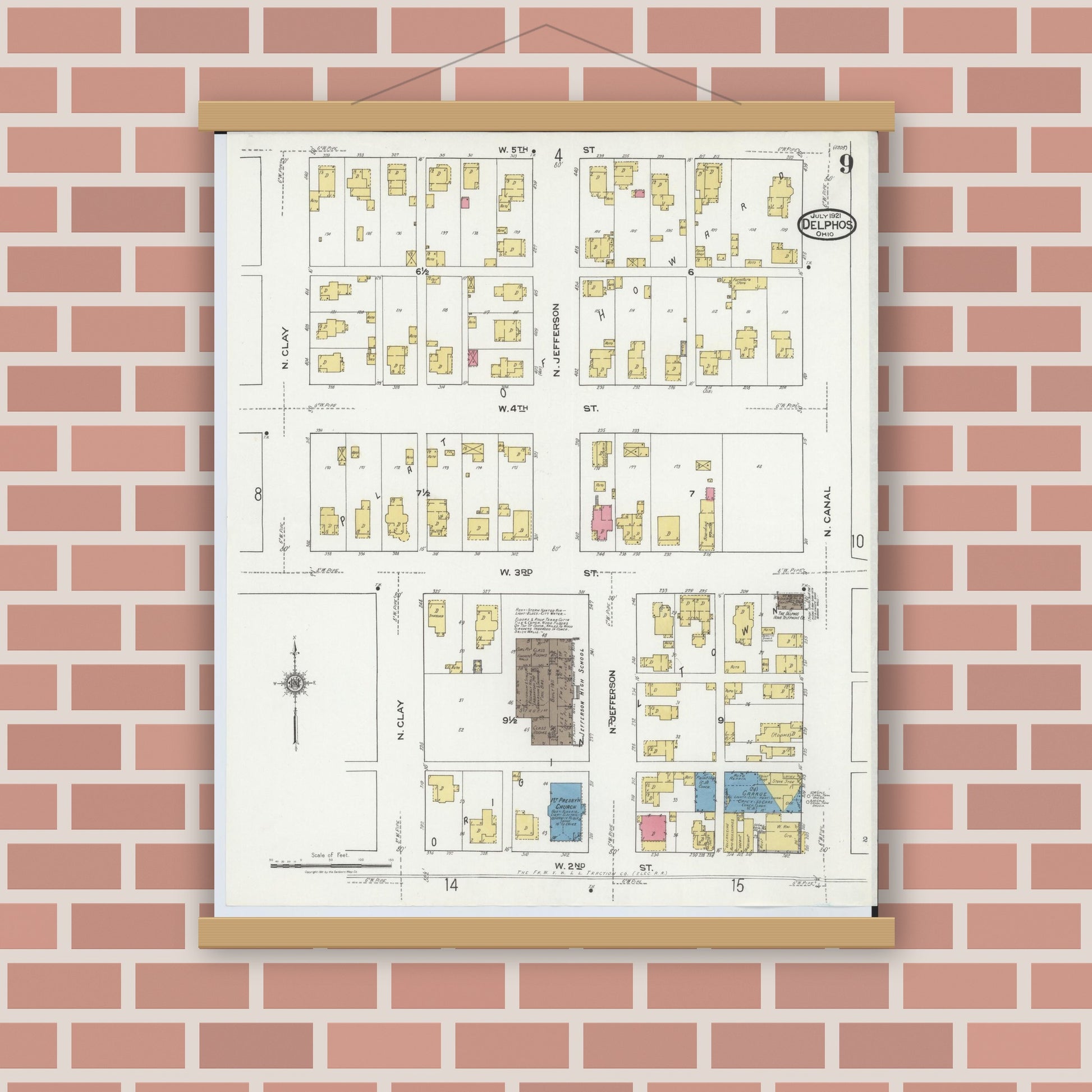 Old map wall art mockup — magnetic wood frame on brick wall — Sanborn Fire Insurance Map from Delphos, Van Wert And Allen Counties, Ohio (1921), Sheet #0009