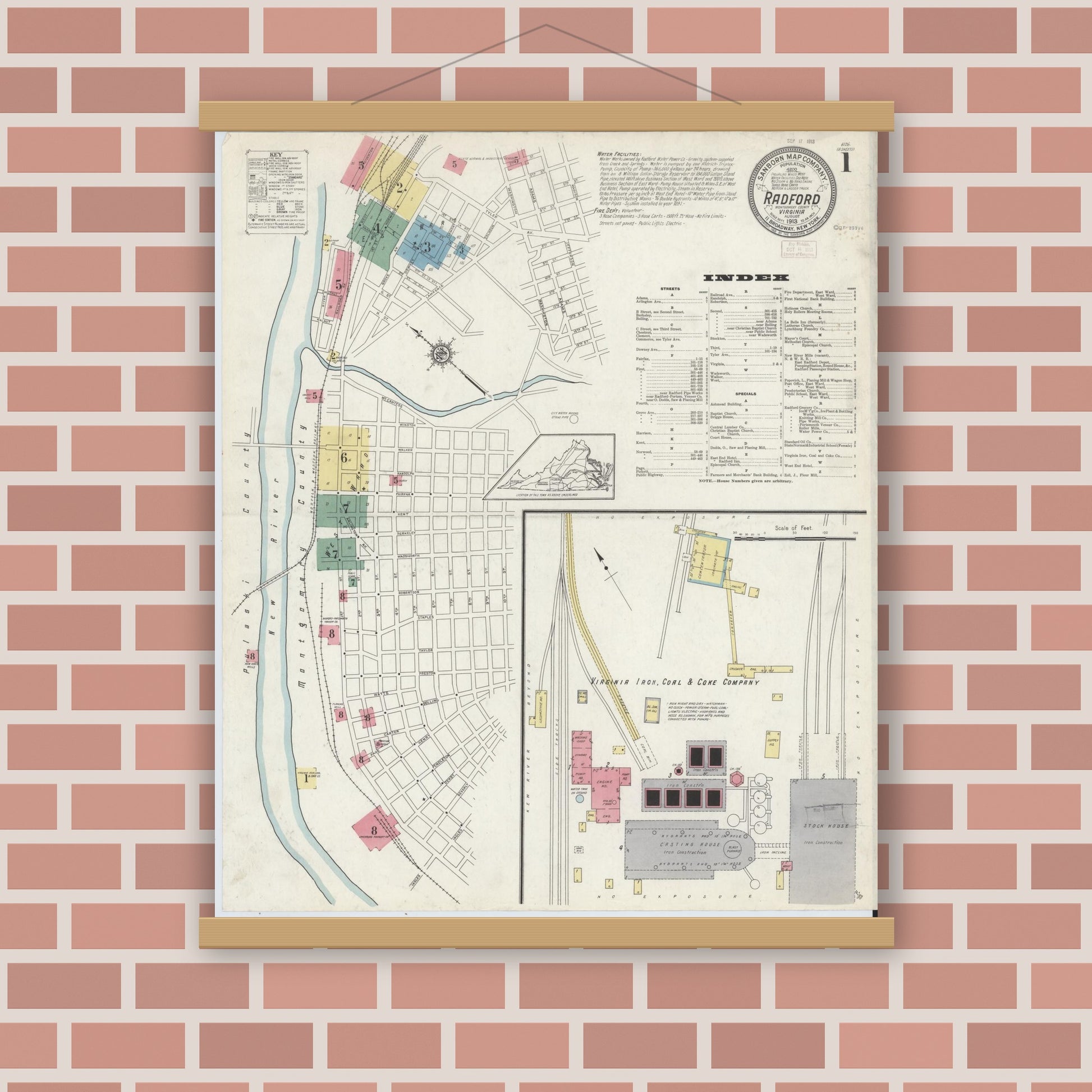 Old map wall art mockup — magnetic wood frame on brick wall — Sanborn Fire Insurance Map from Radford, Independent Cities, Virginia (1913) - Complete Map Set